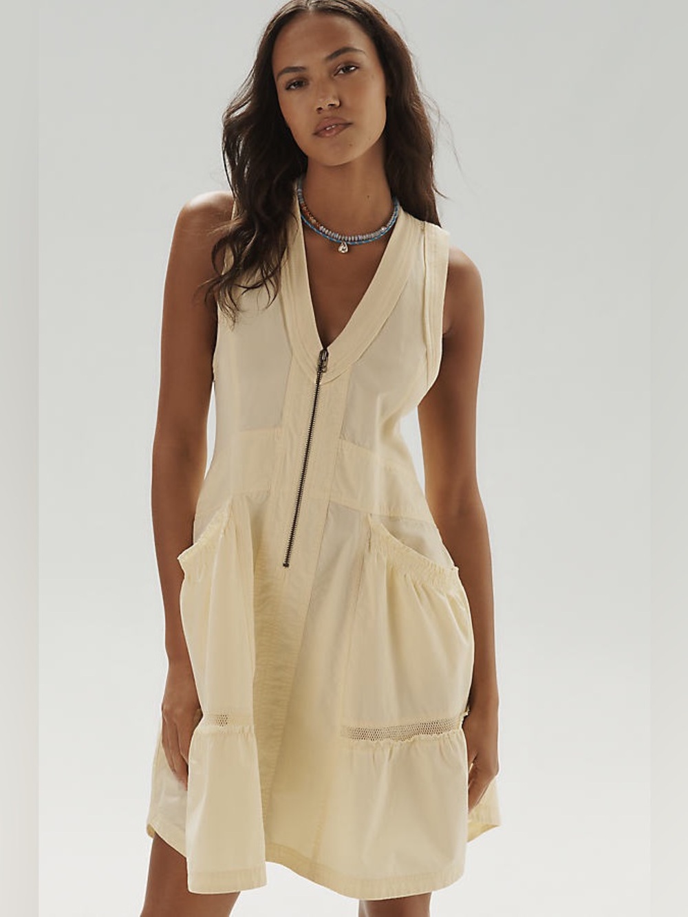 Daily Practice- Light Yellow Sleeveless V-Neck Midi Dress with Pockets